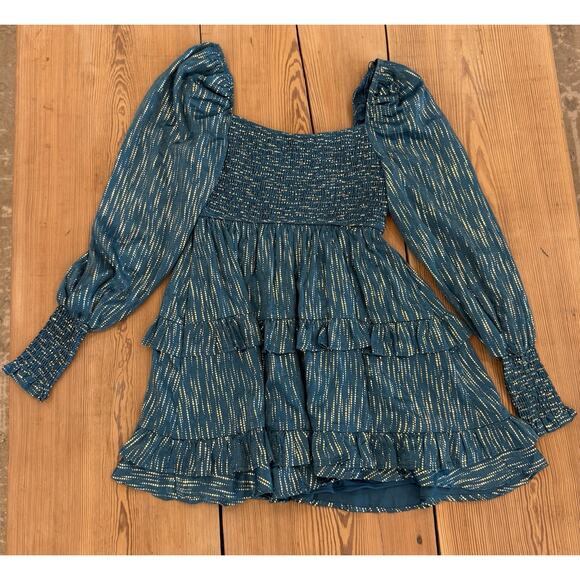 Vici Smocked Long Sleeve Dress Ruffle Hem Blue Gold Small Lined - Picture 2 of 6